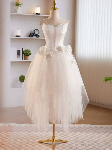 Strapless 3D Flower White Tulle Satin Short Prom Dress Homecoming Dress HZ1023